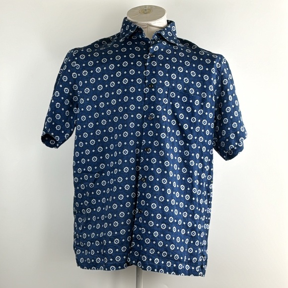 TASSO ELBA (MACY'S)™️ Men's Size XL Blue/White Linen Short Sleeve Shirt - Picture 1 of 11